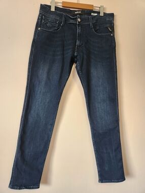 Replay Mens Modern Slim Fit Anbass Jeans Model M914 Dark Blue Wash Sz 34x32 EUC